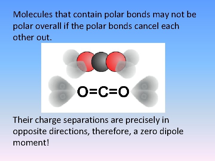 Molecules that contain polar bonds may not be polar overall if the polar bonds Molecules that contain polar bonds may not be polar overall if the polar bonds