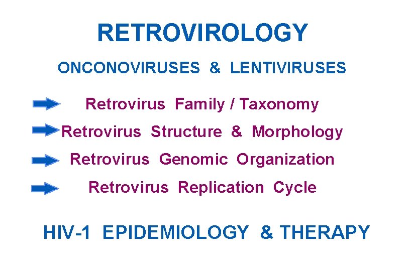 RETROVIROLOGY ONCONOVIRUSES & LENTIVIRUSES Retrovirus Family / Taxonomy Retrovirus Structure & Morphology Retrovirus Genomic
