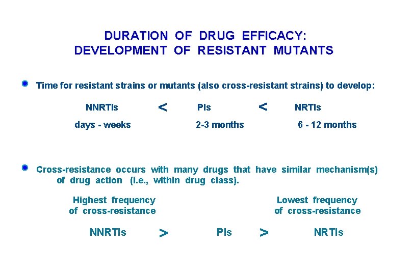 DURATION OF DRUG EFFICACY: DEVELOPMENT OF RESISTANT MUTANTS Time for resistant strains or mutants