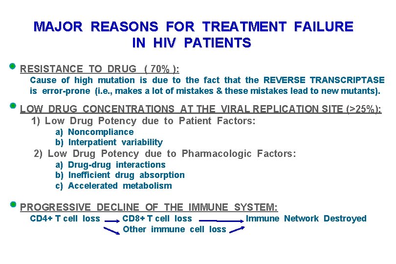 MAJOR REASONS FOR TREATMENT FAILURE IN HIV PATIENTS RESISTANCE TO DRUG ( 70% ):