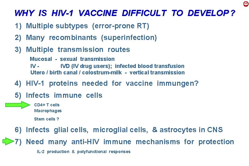 WHY IS HIV-1 VACCINE DIFFICULT TO DEVELOP ? 1) Multiple subtypes (error-prone RT) 2)