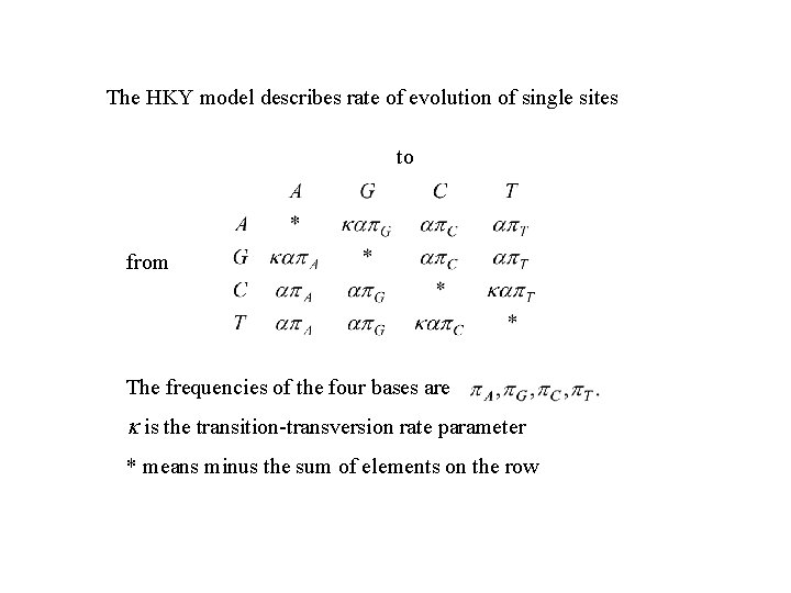 The HKY model describes rate of evolution of single sites to from The frequencies