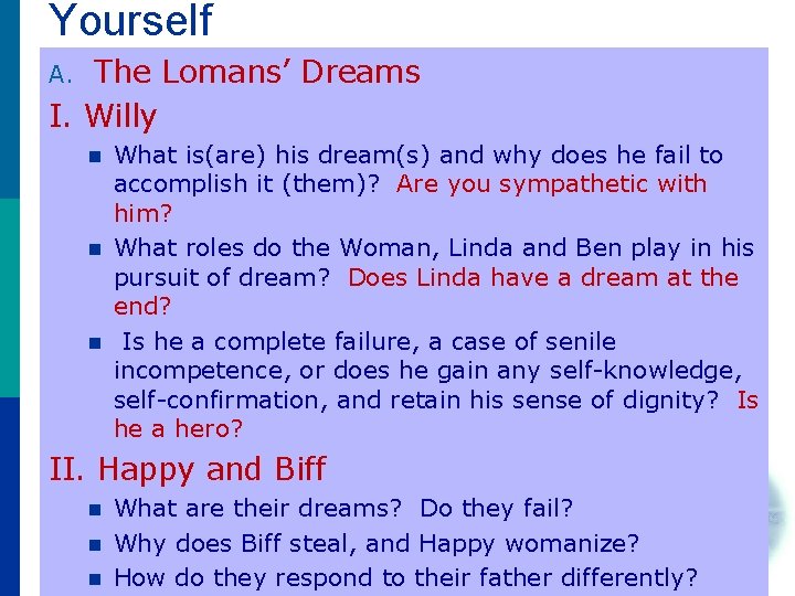 Yourself The Lomans’ Dreams I. Willy A. n n n What is(are) his dream(s)