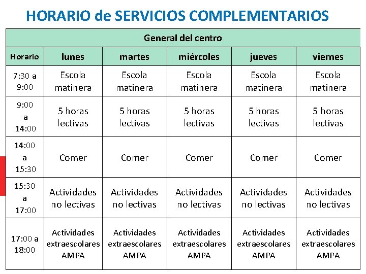 HORARIO de SERVICIOS COMPLEMENTARIOS General del centro Horario lunes martes miércoles jueves viernes 7: