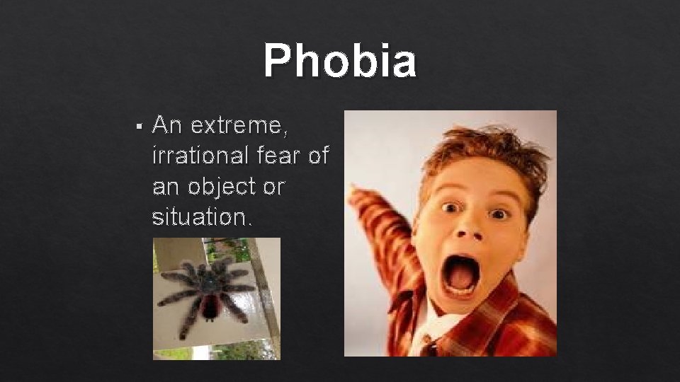 Phobia § An extreme, irrational fear of an object or situation. 