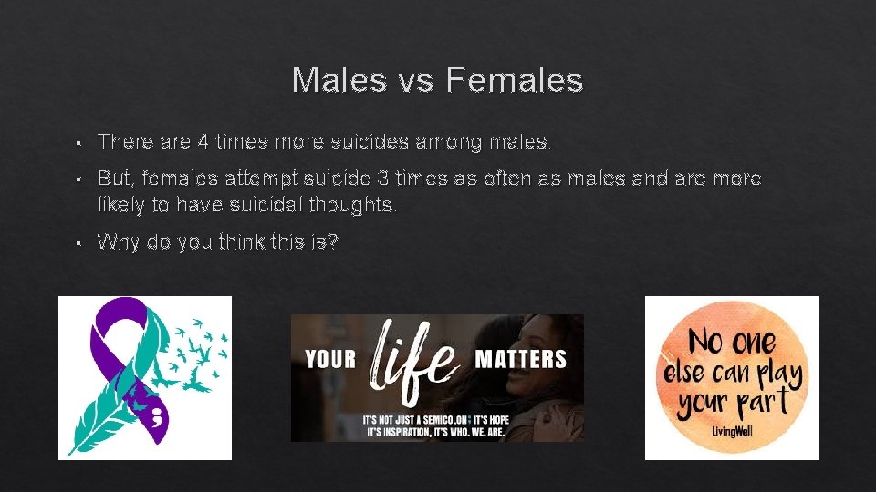 Males vs Females § There are 4 times more suicides among males. § But,