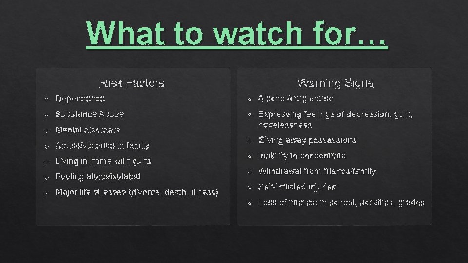 What to watch for… Warning Signs Risk Factors Dependence Alcohol/drug abuse Substance Abuse Mental