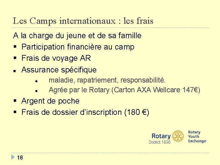 Les Camps internationaux : les frais A la charge du jeune et de sa