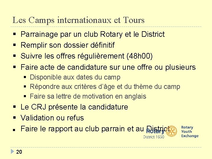 Les Camps internationaux et Tours Parrainage par un club Rotary et le District Remplir