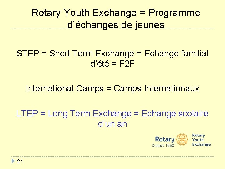 Rotary Youth Exchange = Programme d’échanges de jeunes STEP = Short Term Exchange =