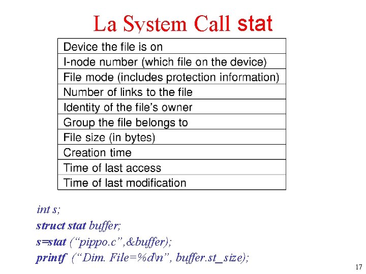 La System Call stat int s; struct stat buffer; s=stat (“pippo. c”, &buffer); printf