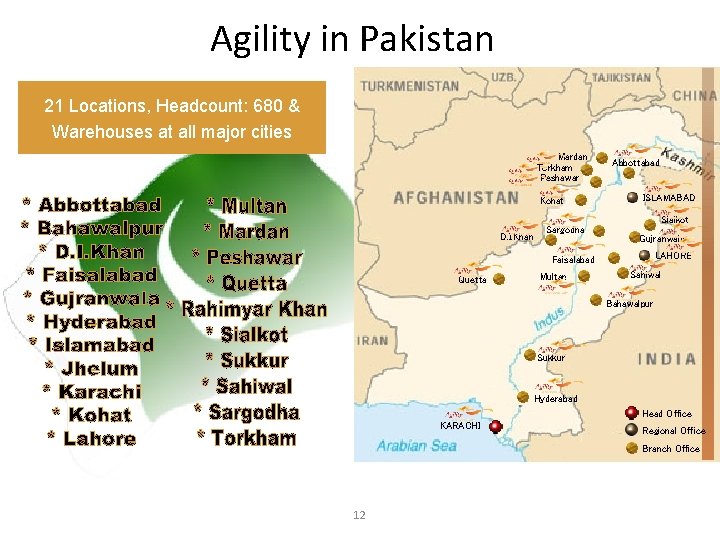 Agility in Pakistan 21 Locations, Headcount: 680 & Warehouses at all major cities Mardan