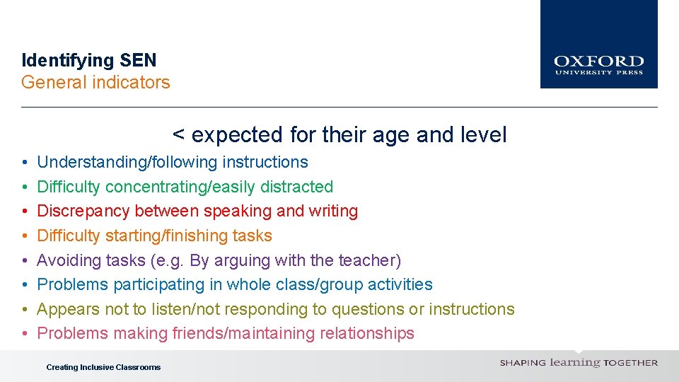 Identifying SEN General indicators < expected for their age and level • • Understanding/following