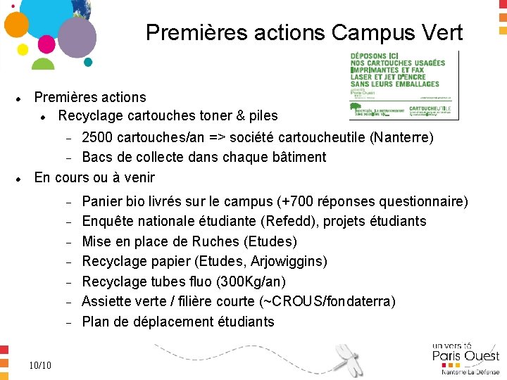 Premières actions Campus Vert Premières actions Recyclage cartouches toner & piles 2500 cartouches/an =>