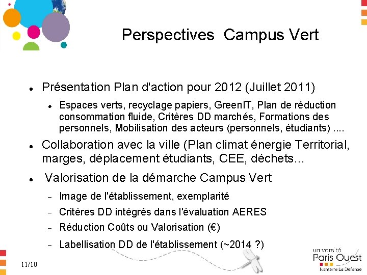 Perspectives Campus Vert Présentation Plan d'action pour 2012 (Juillet 2011) 11/10 Espaces verts, recyclage