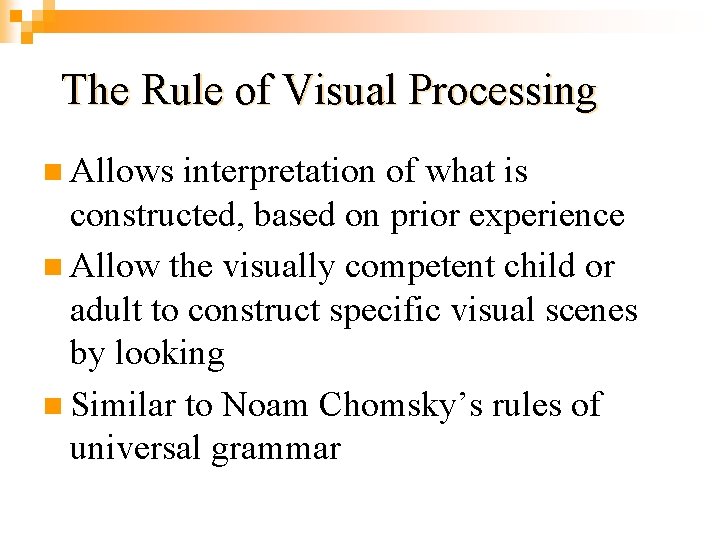 The Rule of Visual Processing n Allows interpretation of what is constructed, based on