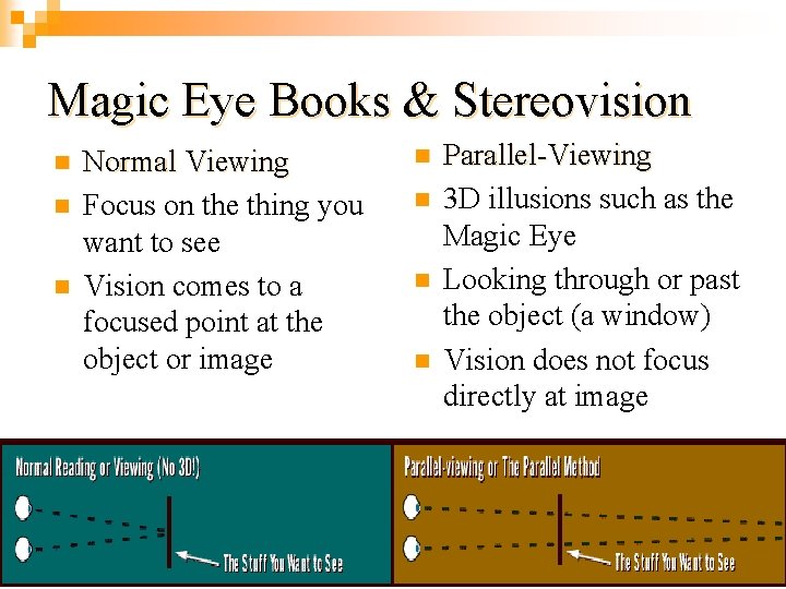 Magic Eye Books & Stereovision n Normal Viewing Focus on the thing you want