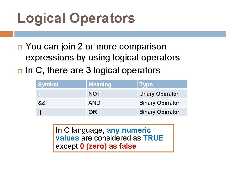 Logical Operators You can join 2 or more comparison expressions by using logical operators