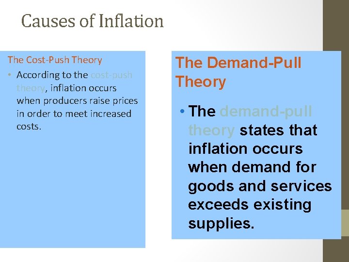 Causes of Inflation The Cost-Push Theory • According to the cost-push theory, inflation occurs