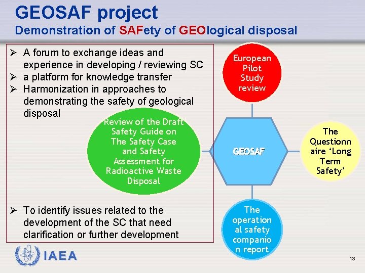 GEOSAF project Demonstration of SAFety of GEOlogical disposal Ø A forum to exchange ideas