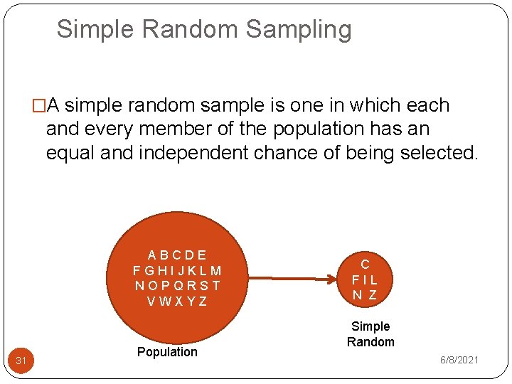Simple Random Sampling �A simple random sample is one in which each and every