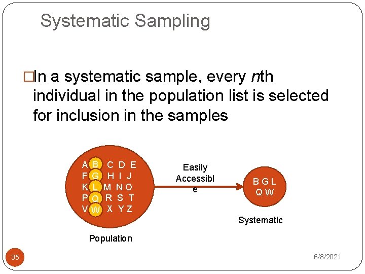 Systematic Sampling �In a systematic sample, every nth individual in the population list is