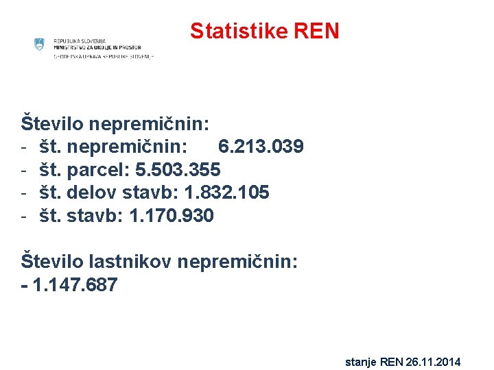 Statistike REN Število nepremičnin: - št. nepremičnin: 6. 213. 039 - št. parcel: 5.