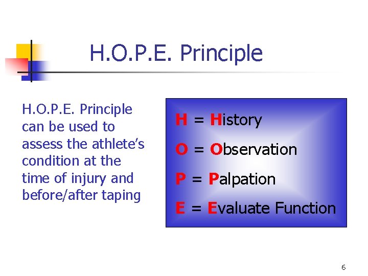 H. O. P. E. Principle can be used to assess the athlete’s condition at