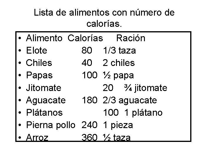 Lista de alimentos con número de calorías. • • • Alimento Calorías Ración Elote