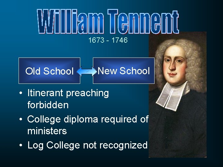 1673 - 1746 Old School New School • Itinerant preaching forbidden • College diploma 1673 - 1746 Old School New School • Itinerant preaching forbidden • College diploma