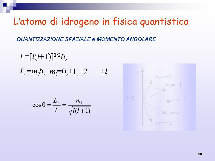 L’atomo di idrogeno in fisica quantistica QUANTIZZAZIONE SPAZIALE e MOMENTO ANGOLARE L=[l(l+1)]1/2ħ, Lz=mlħ, ml=0,