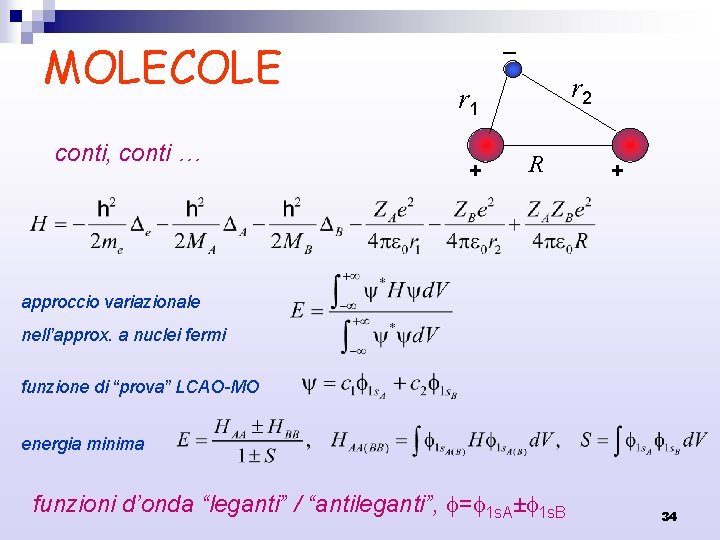 MOLECOLE conti, conti … r 2 r 1 + R + approccio variazionale nell’approx.