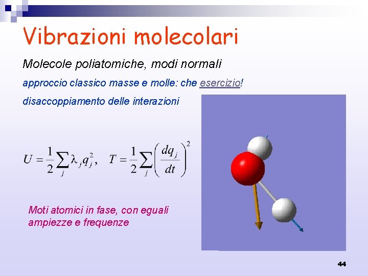 Vibrazioni molecolari Molecole poliatomiche, modi normali approccio classico masse e molle: che esercizio! disaccoppiamento