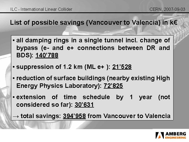 ILC - International Linear Collider CERN, 2007 -09 -03 List of possible savings (Vancouver