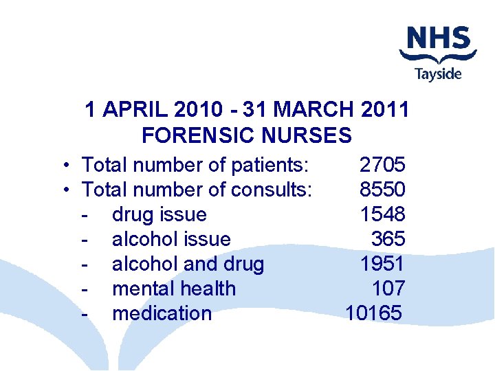 1 APRIL 2010 - 31 MARCH 2011 FORENSIC NURSES • Total number of patients: