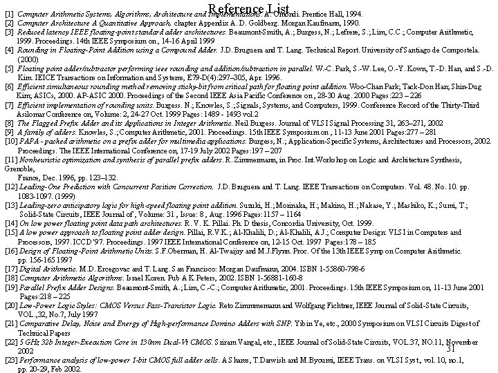 Reference List [1] Computer Arithmetic Systems, Algorithms, Architecture and Implementations. A. Omondi. Prentice Hall,