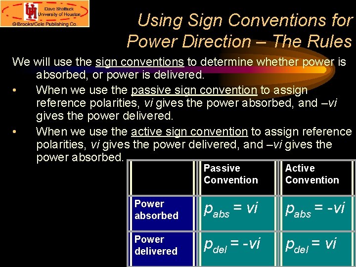 Using Sign Conventions for Power Direction – The Rules We will use the sign