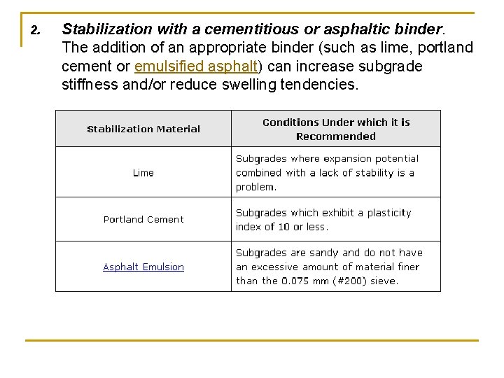2. Stabilization with a cementitious or asphaltic binder. The addition of an appropriate binder