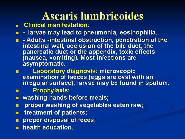 Ascaris lumbricoides n n n n n Clinical manifestation: - larvae may lead to Ascaris lumbricoides n n n n n Clinical manifestation: - larvae may lead to