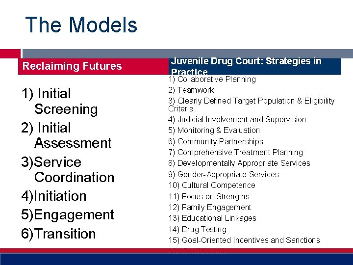 The Models Reclaiming Futures 1) Initial Screening 2) Initial Assessment 3)Service Coordination 4)Initiation 5)Engagement