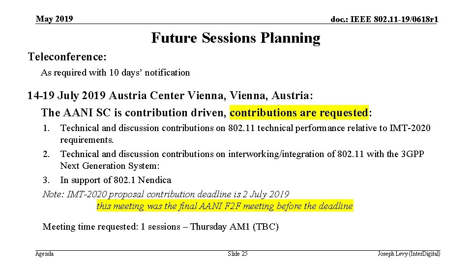 May 2019 doc. : IEEE 802. 11 -19/0618 r 1 Future Sessions Planning Teleconference: