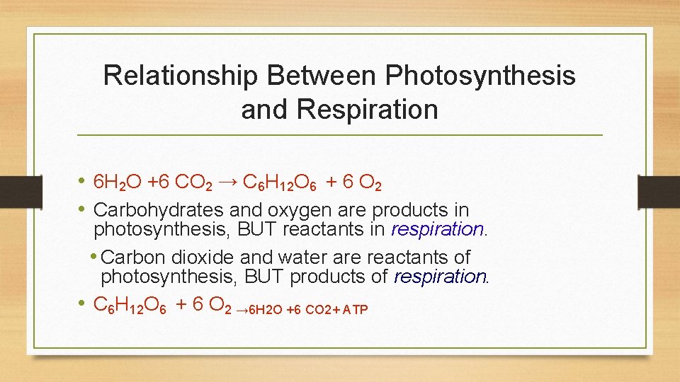 Relationship Between Photosynthesis and Respiration • 6 H 2 O +6 CO 2 →