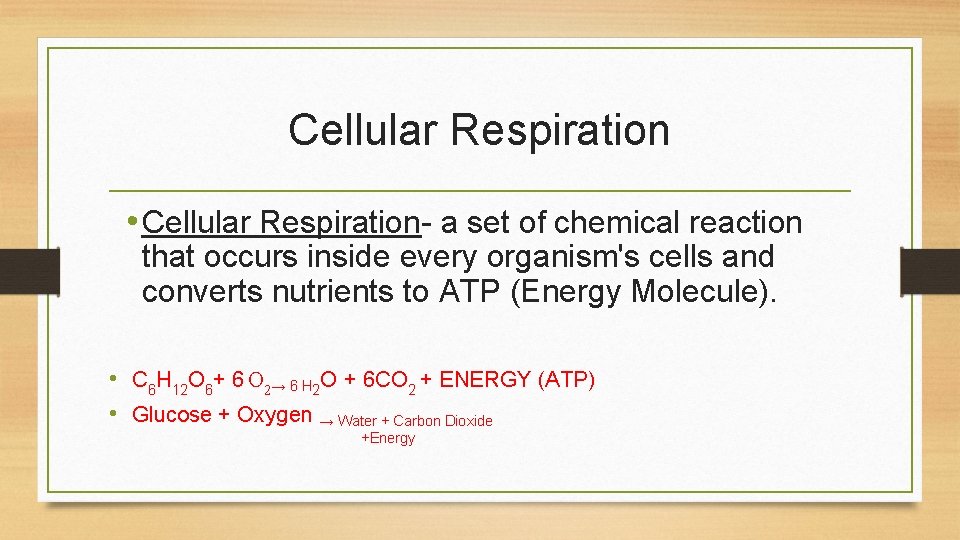 Cellular Respiration • Cellular Respiration- a set of chemical reaction that occurs inside every