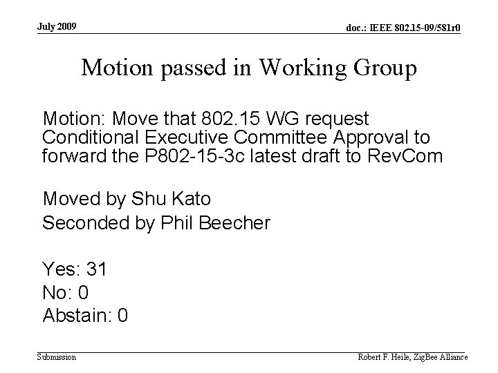July 2009 doc. : IEEE 802. 15 -09/581 r 0 Motion passed in Working