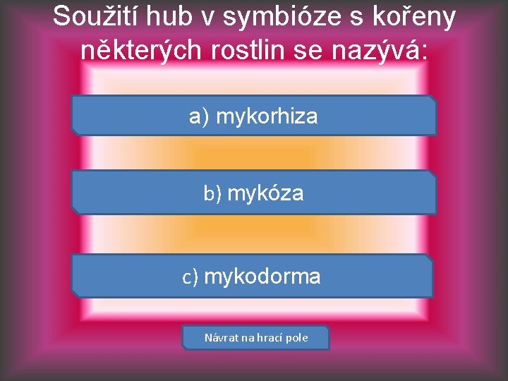 Soužití hub v symbióze s kořeny některých rostlin se nazývá: a) mykorhiza b) mykóza