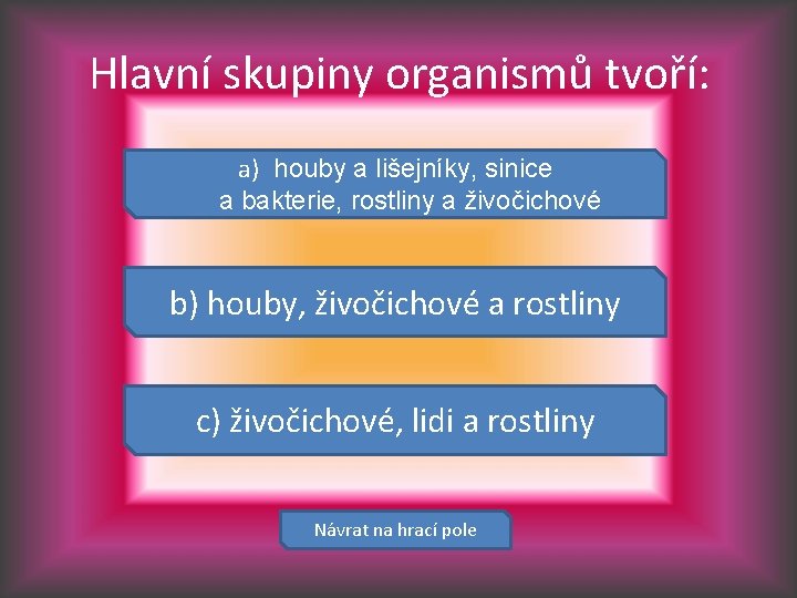 Hlavní skupiny organismů tvoří: a) houby a lišejníky, sinice a bakterie, rostliny a živočichové