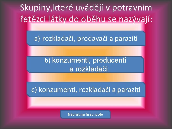 Skupiny, které uvádějí v potravním řetězci látky do oběhu se nazývají: a) rozkladači, prodavači