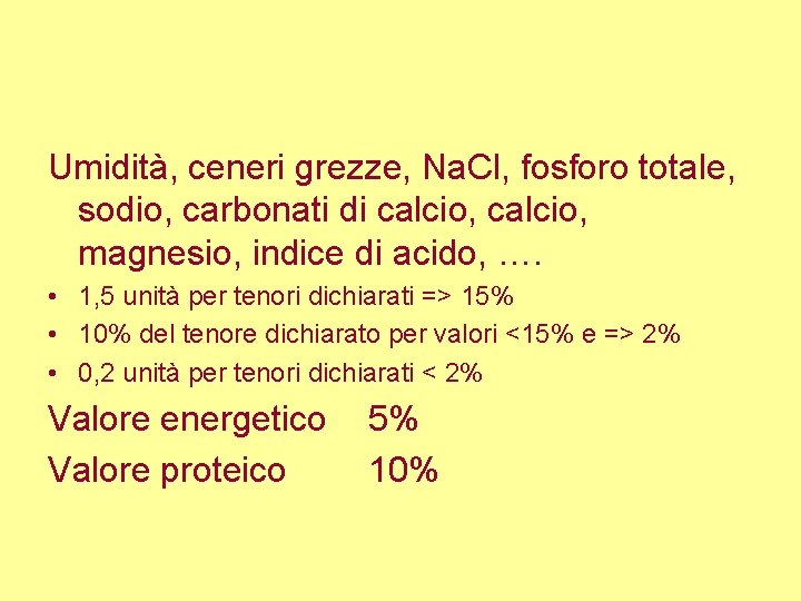 Umidità, ceneri grezze, Na. Cl, fosforo totale, sodio, carbonati di calcio, magnesio, indice di