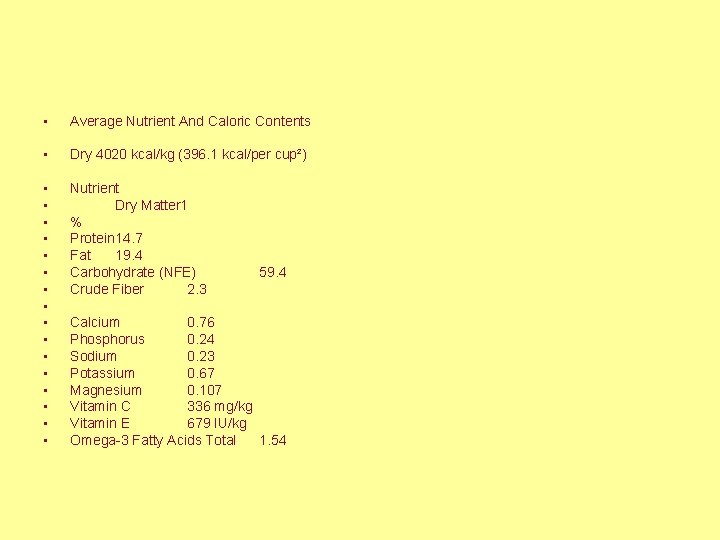  • Average Nutrient And Caloric Contents • Dry 4020 kcal/kg (396. 1 kcal/per