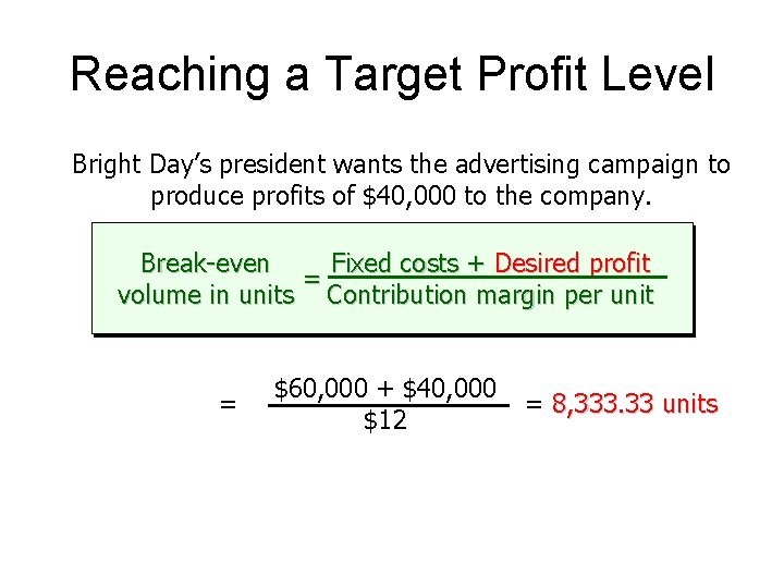Reaching a Target Profit Level Bright Day’s president wants the advertising campaign to produce
